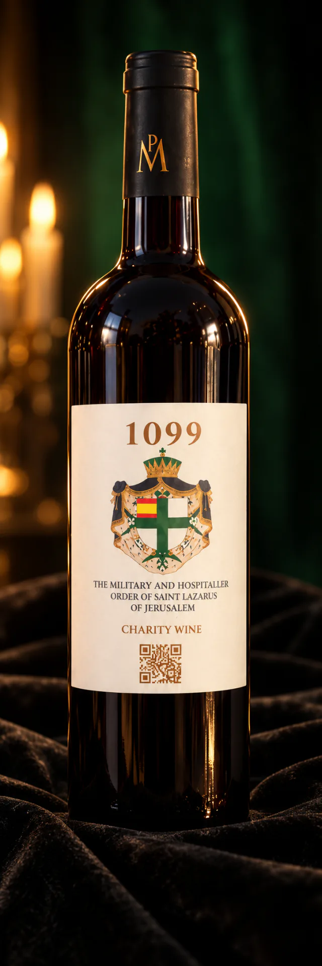 A bottle of 1099 Saint Lazarus Charity Wine, red, on black velvet by candlelight