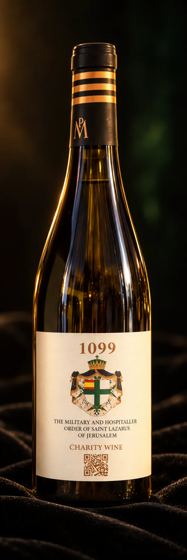 A bottle of 1099 Saint Lazarus Charity Wine, white, on black velvet by candlelight